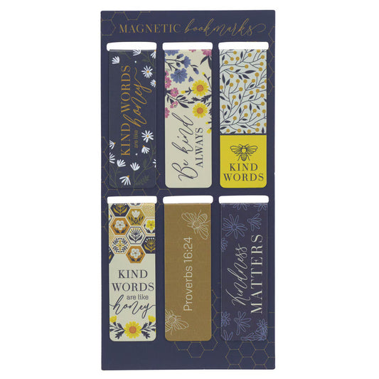 Set of six magnetic bookmarks with floral and motivational designs on a blue background