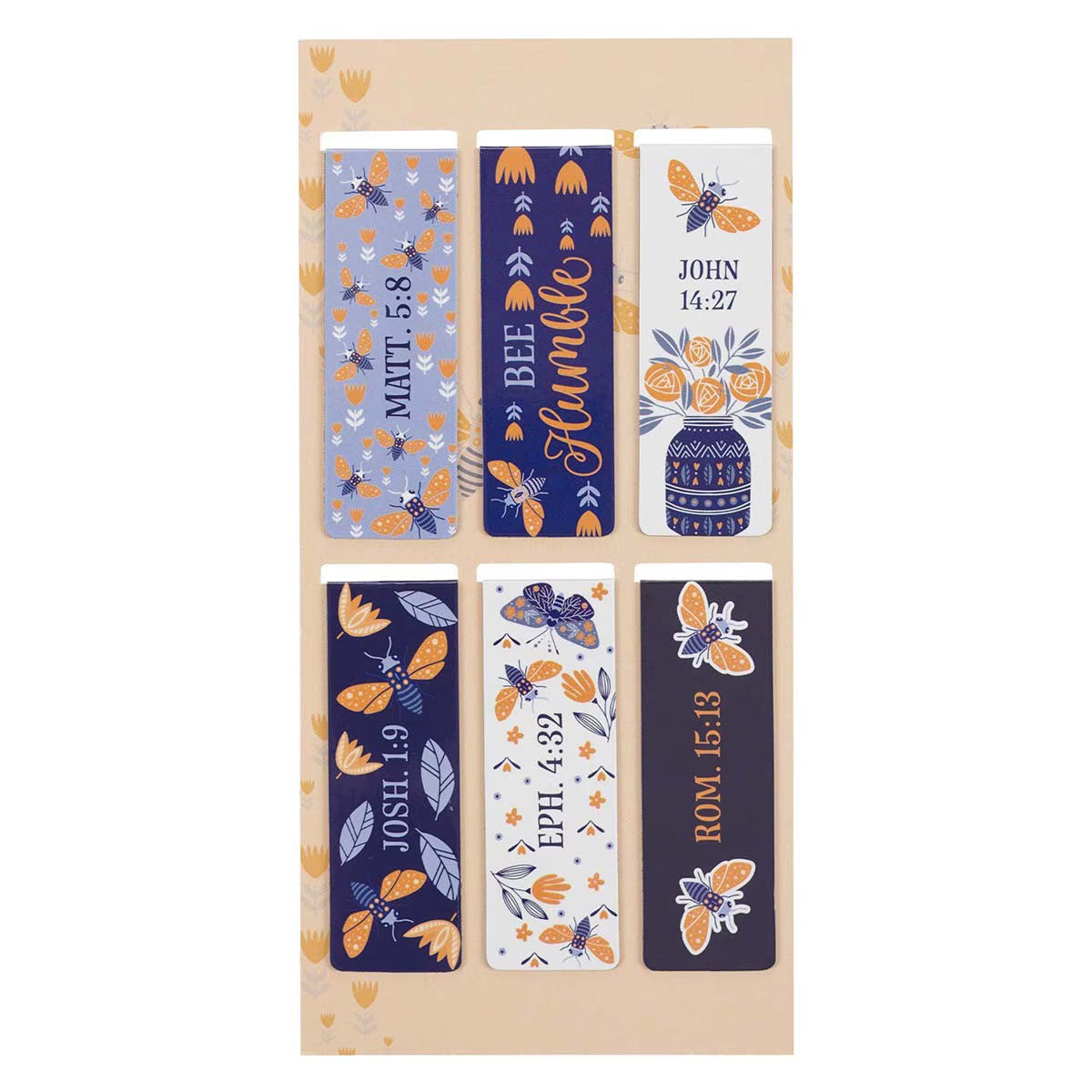 Set of colorful bookmarks with designs and text on a tan card
