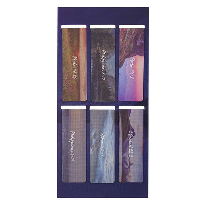 Set of six colorful bookmarks with text on a blue background