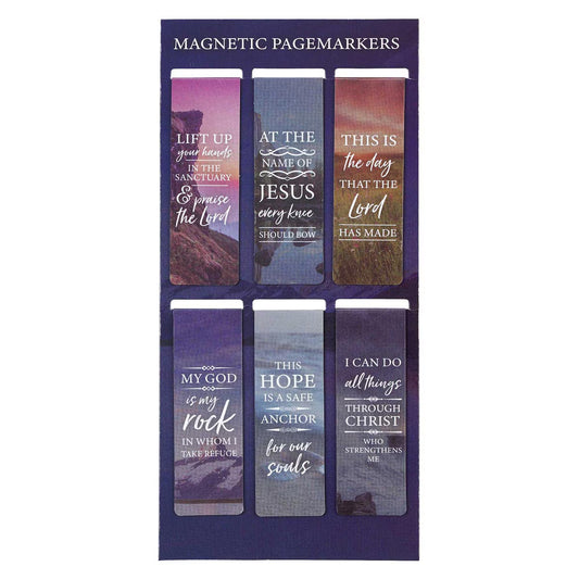 Set of magnetic pagemarkers with religious text on a display card.