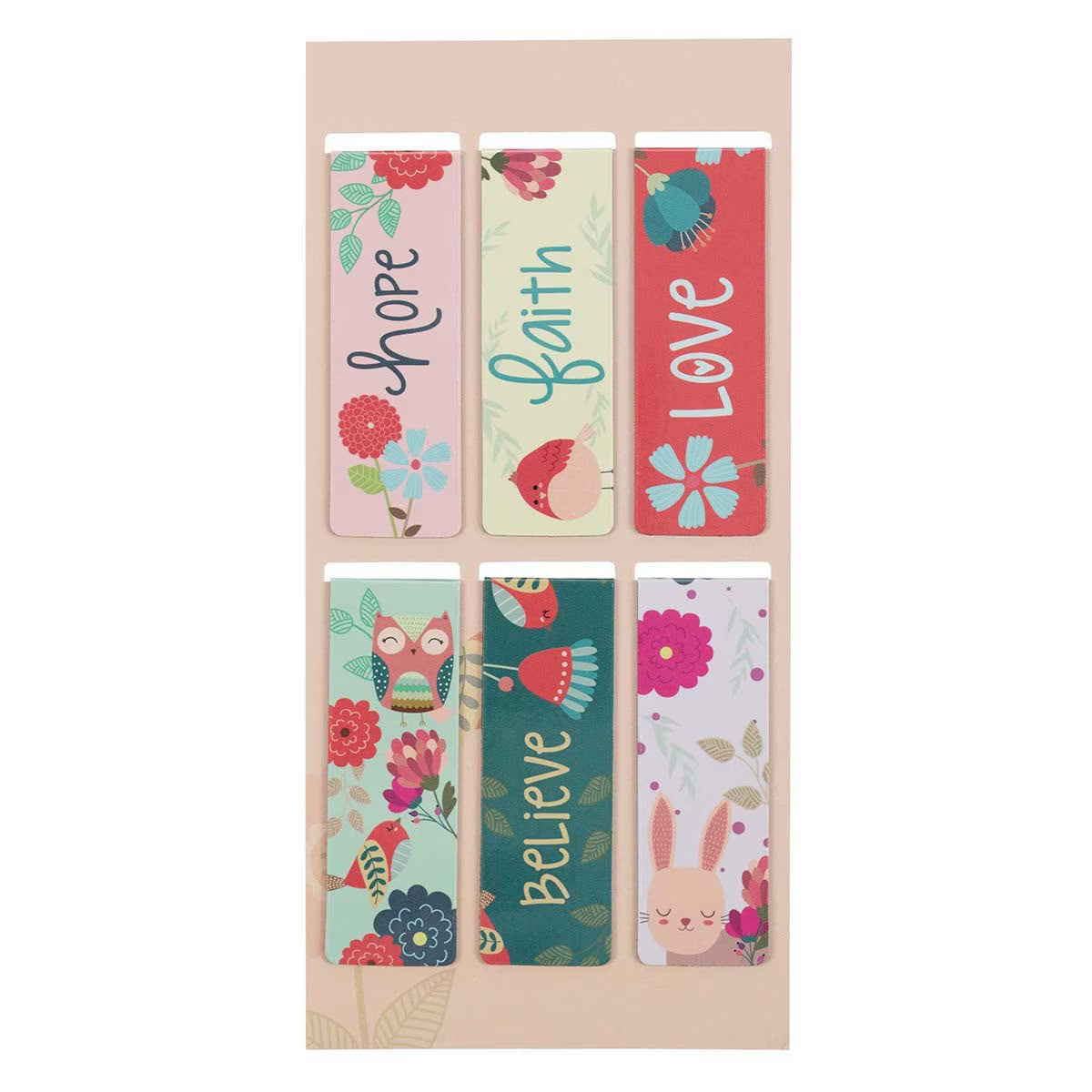 Set of colorful bookmarks with motivational phrases on a beige background