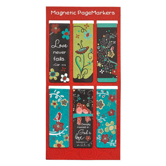 Set of six colorful magnetic page markers with floral and nature-themed designs on a red card.