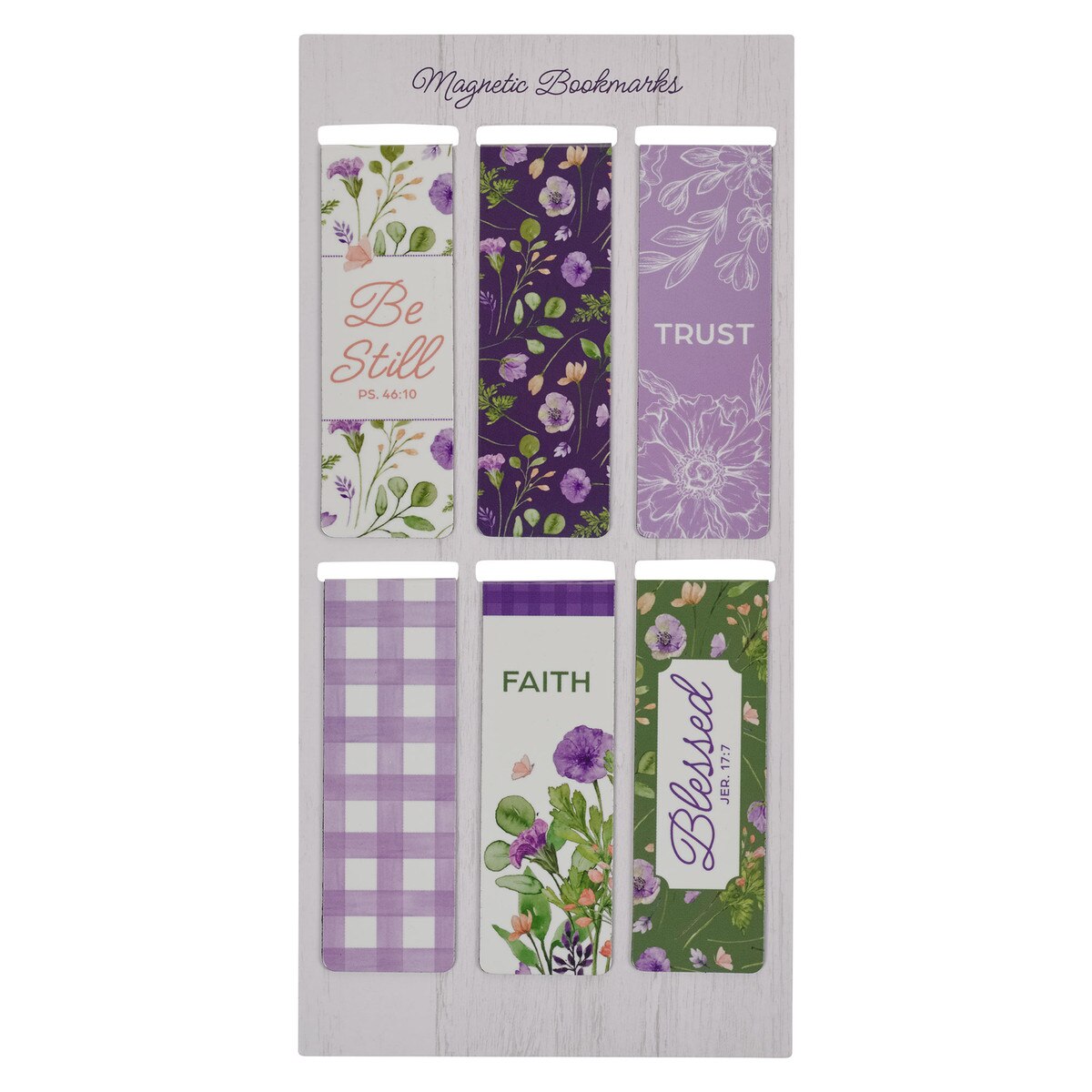 Set of magnetic bookmarks with floral designs and inspirational text on a white background
