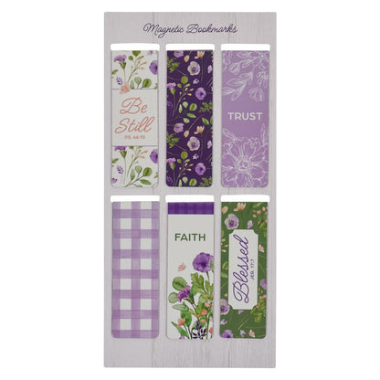 Set of magnetic bookmarks with floral designs and inspirational text on a white background