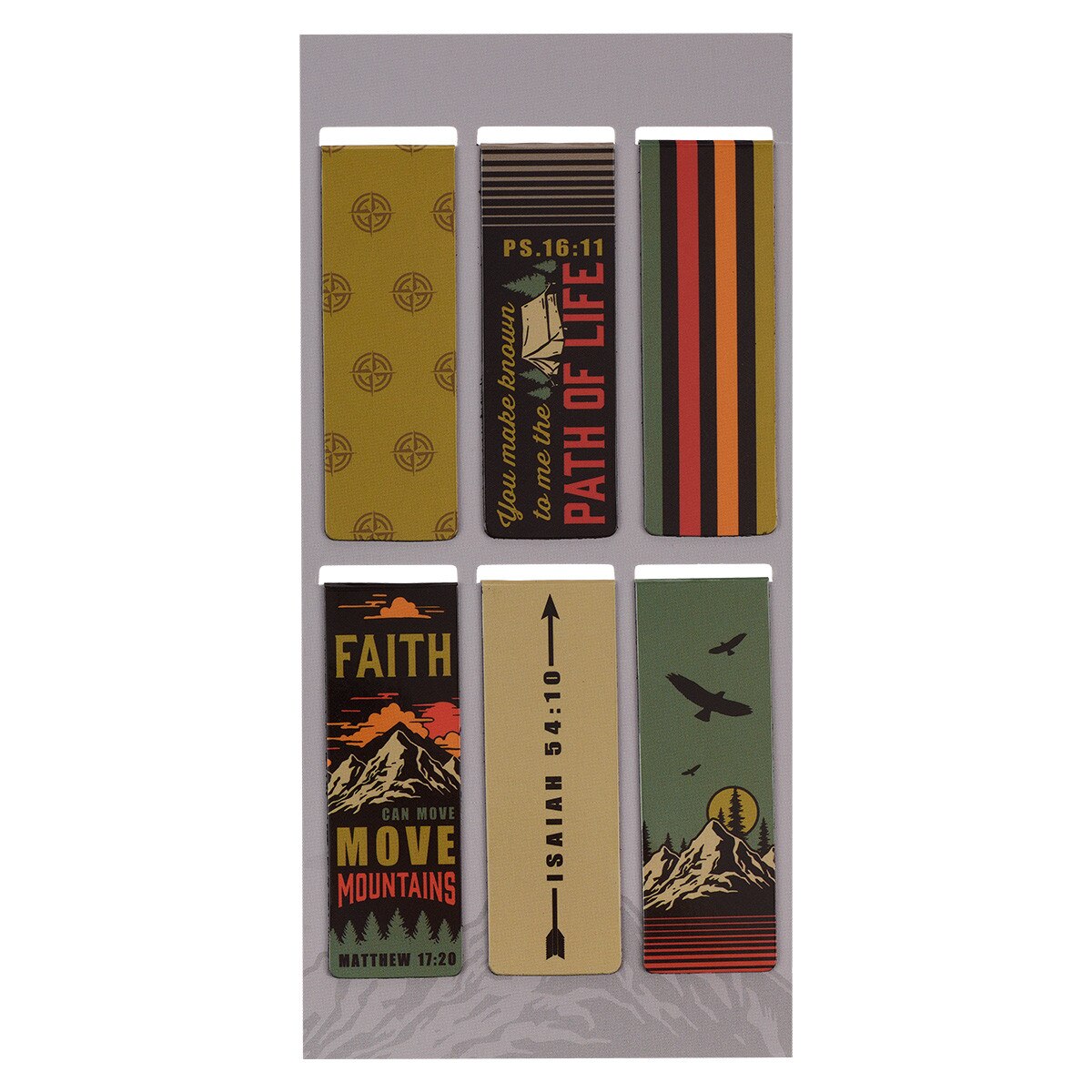 Set of six motivational bookmarks with different designs and text on a gray background