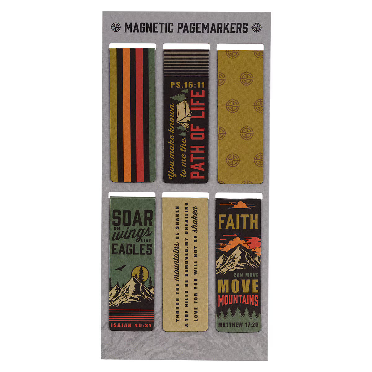Set of six magnetic pagemarkers with various designs and text on a gray backing.