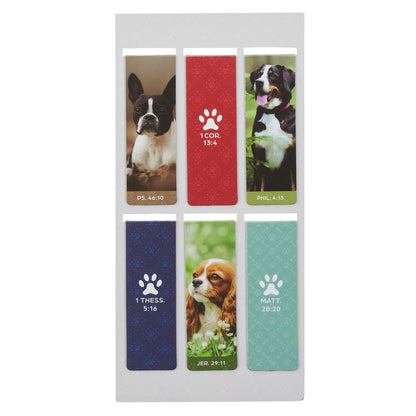 Set of six dog-themed bookmarks with images and text on a white background