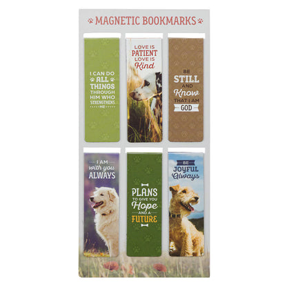 Set of magnetic bookmarks with motivational quotes and dog images on a white background