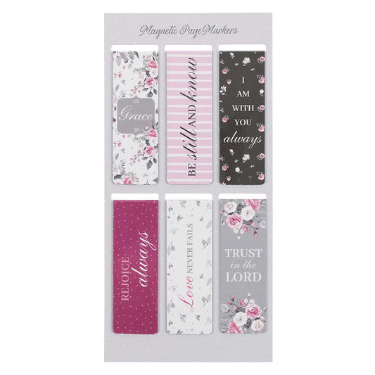 Set of magnetic page markers with floral and motivational text designs.