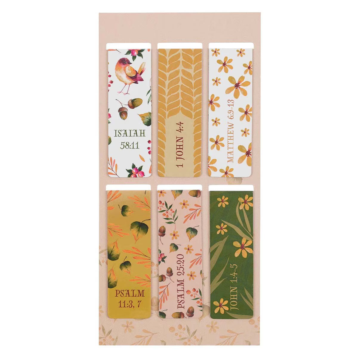 Set of six colorful bookmarks with Bible verses on a beige background