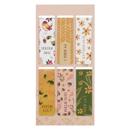 Set of six colorful bookmarks with Bible verses on a beige background