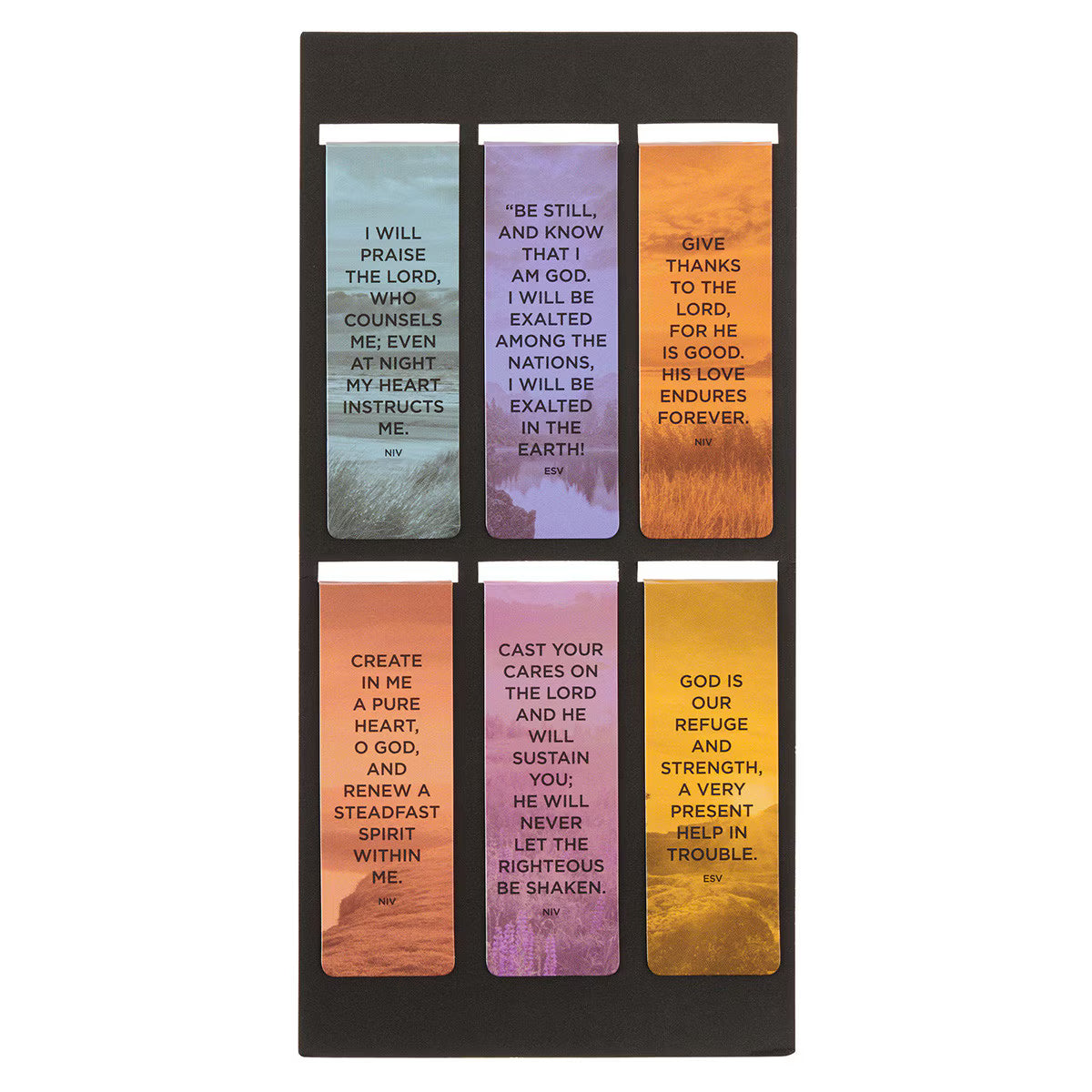 Set of six colorful bookmarks with inspirational quotes on a black background