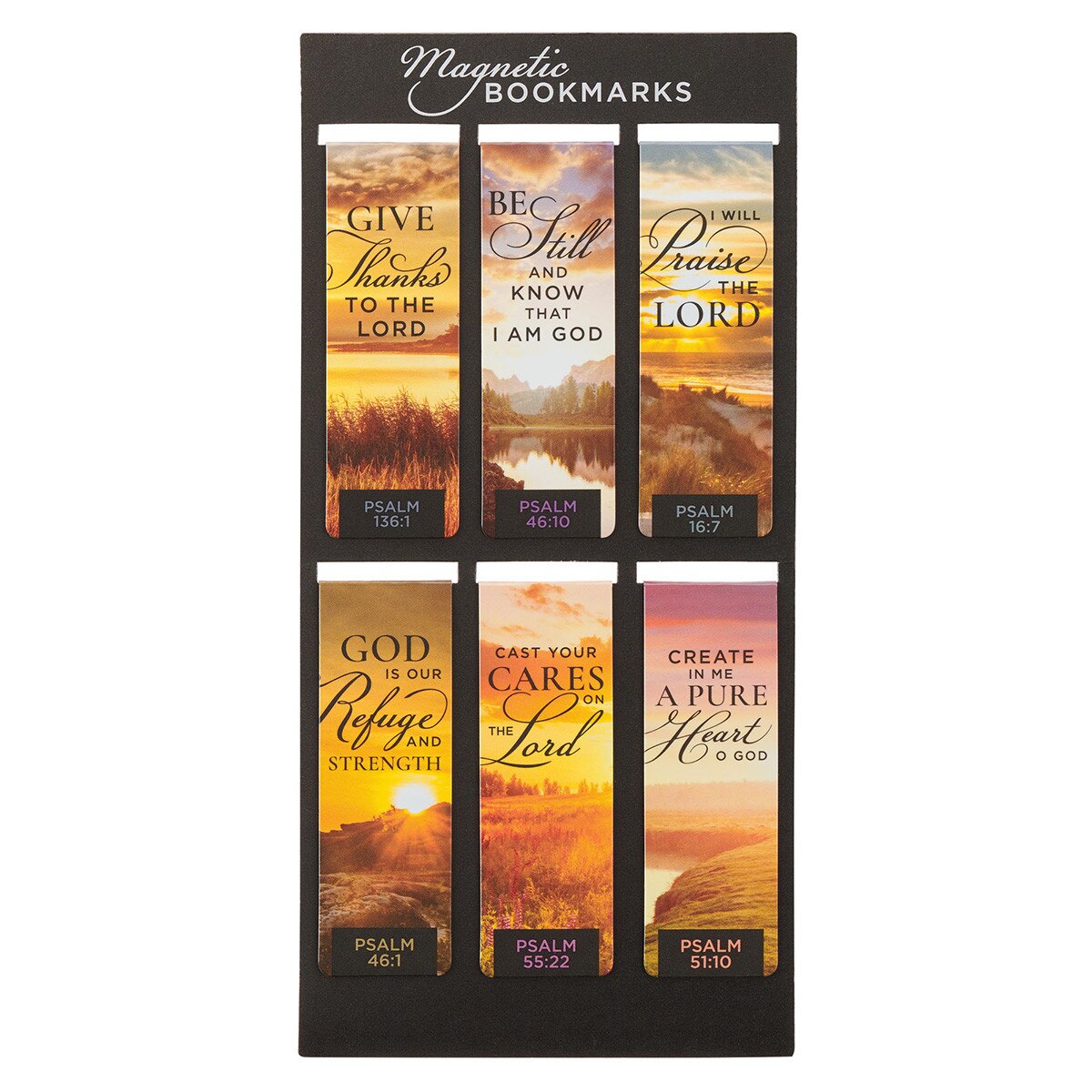 Set of six magnetic bookmarks with scenic designs and Bible verses on a black card.