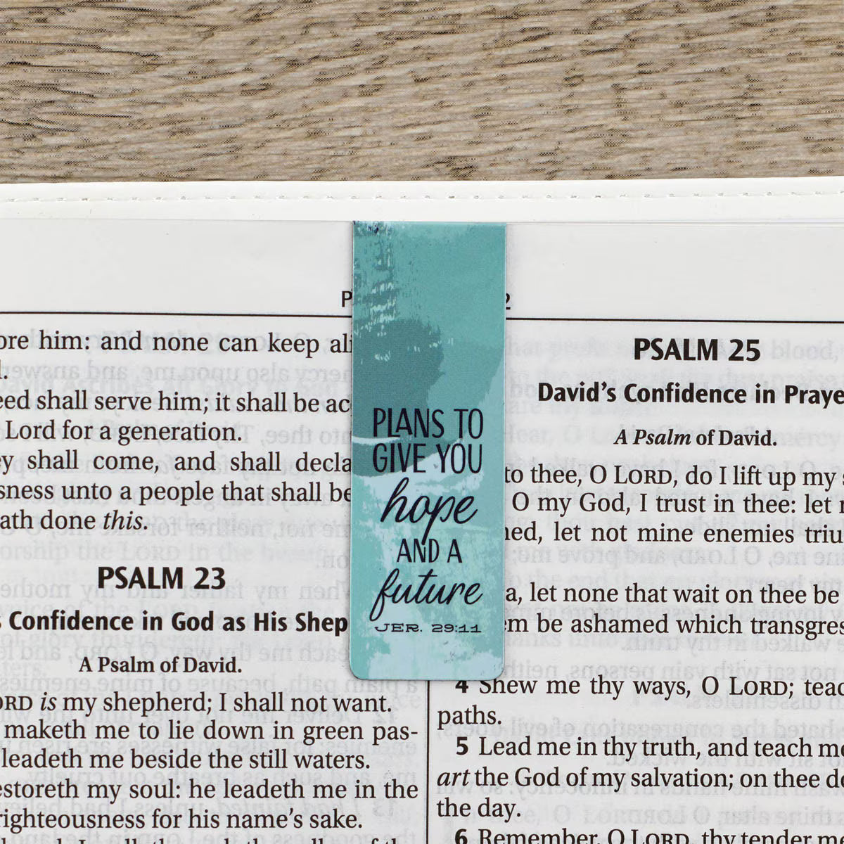 Teal bookmark with text on a Bible page