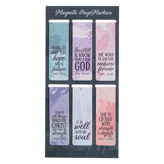 Set of magnetic page markers with inspirational quotes on a black background