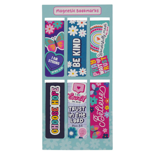 Set of colorful magnetic bookmarks with motivational phrases on a blue background