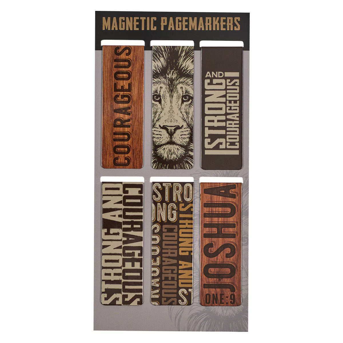 Set of magnetic pagemarkers with a lion design and motivational text on a white background