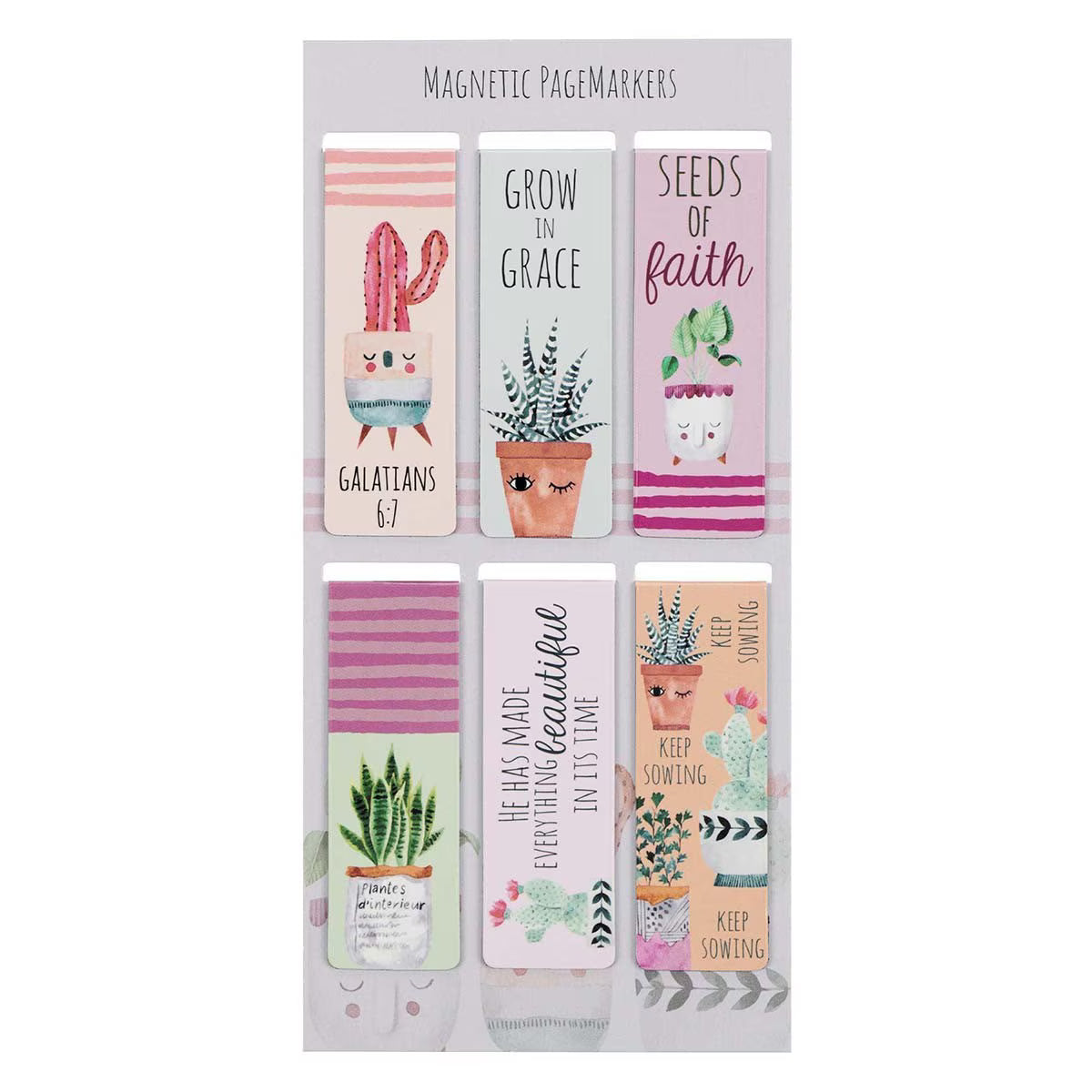 Set of magnetic page markers with cactus illustrations and motivational quotes on a white background.