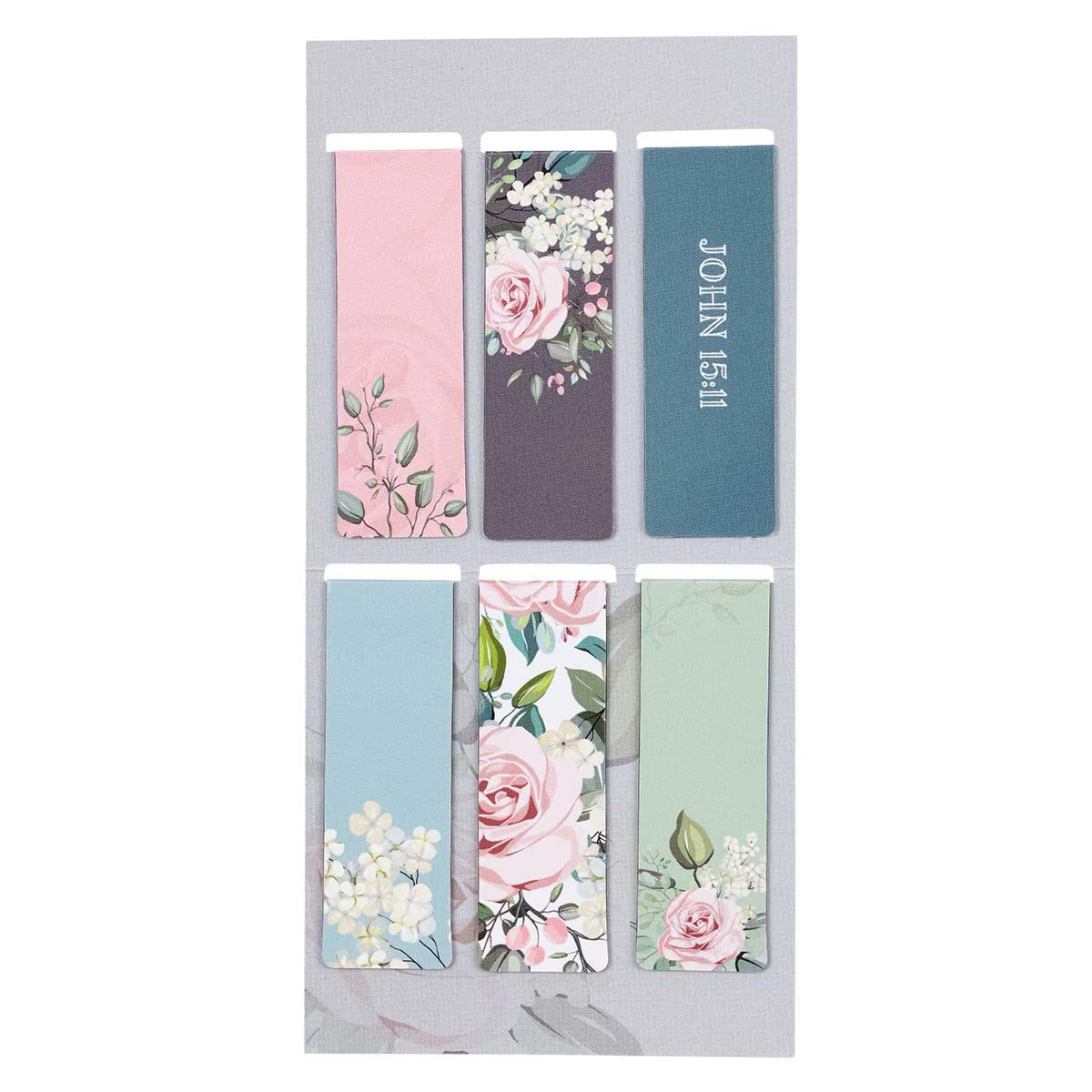 Set of floral and text bookmarks on a gray background