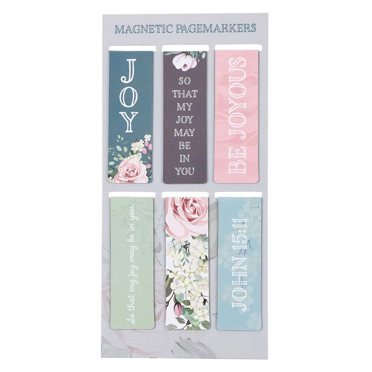Set of magnetic pagemarkers with floral and motivational text on a white background