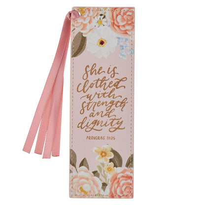 Strength and Dignity Dahlia Pink Faux Leather Bookmark Proverbs 31:25