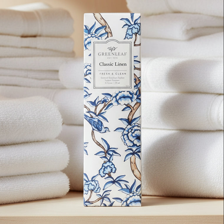 Greenleaf Classic Linen slim sachet in a linen closet.
