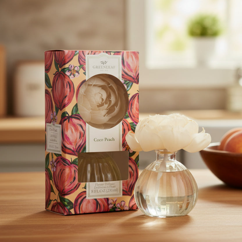 Greenleaf Coco Peach flower diffuser on a kitchen counter