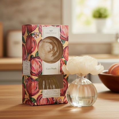 Greenleaf Coco Peach flower diffuser on a kitchen counter