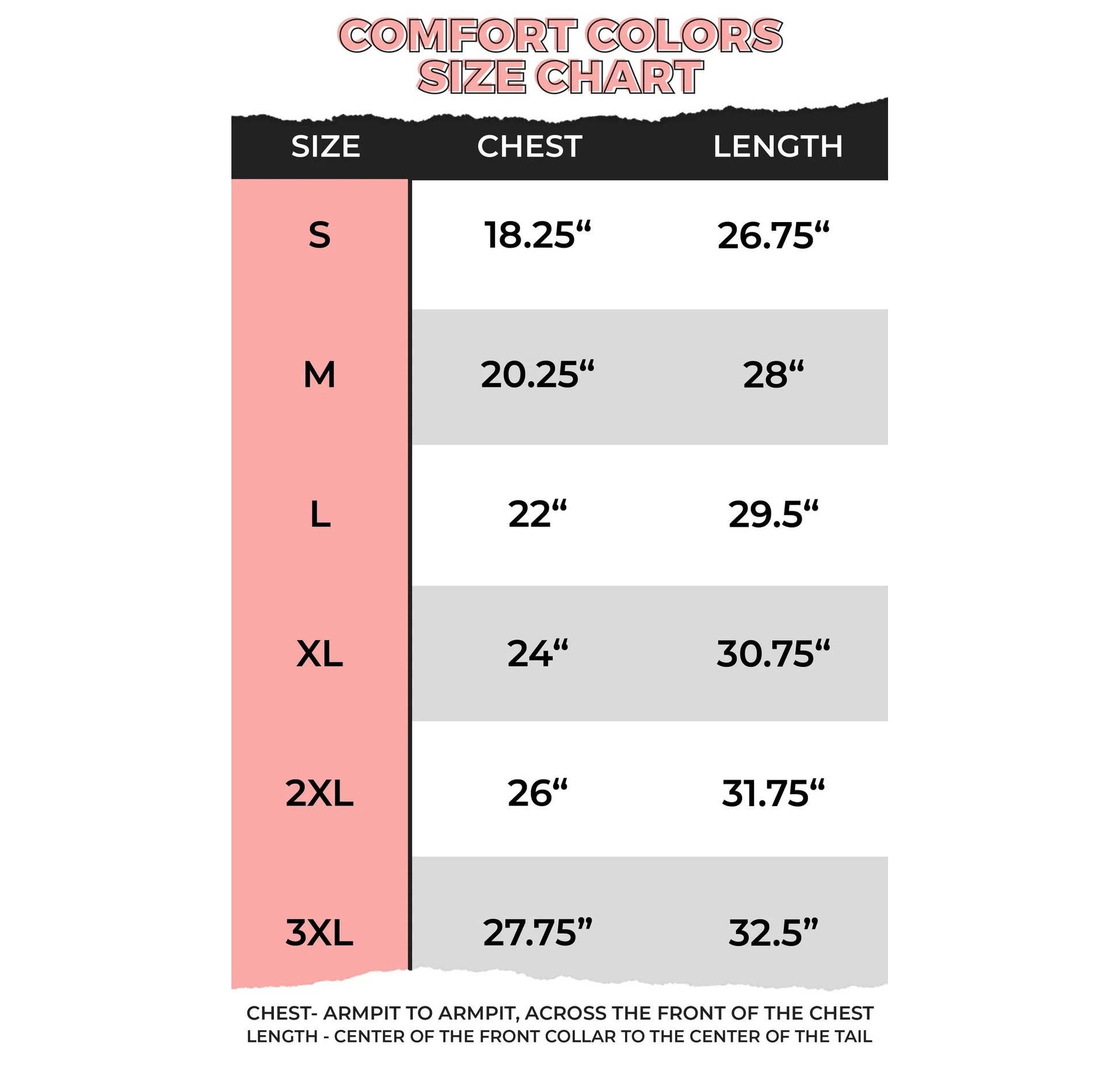 Comfort Colors size chart for shirts with measurements in inches.