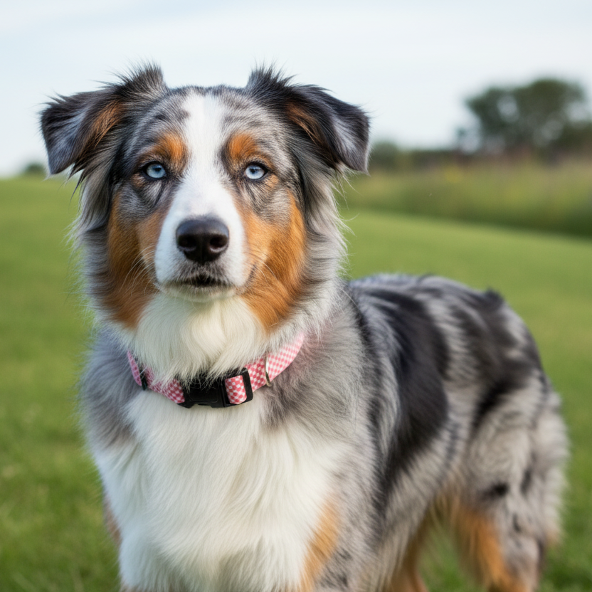 coral gingham dog collar with a black buckle on a dog