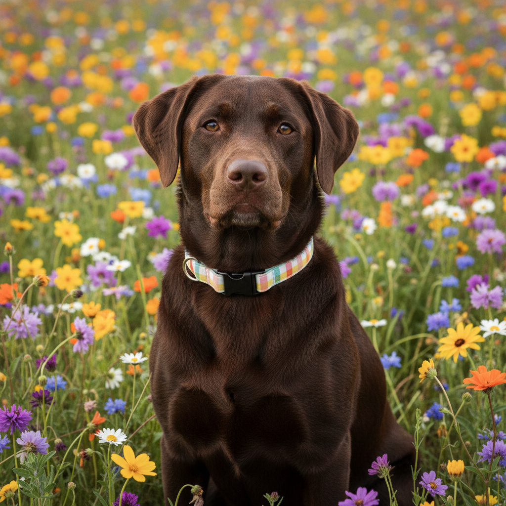coral teal plaid dog collar with a black buckle on a dog with flowers