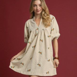 Cream Corduroy Babydoll Dress with Floral Embroidery