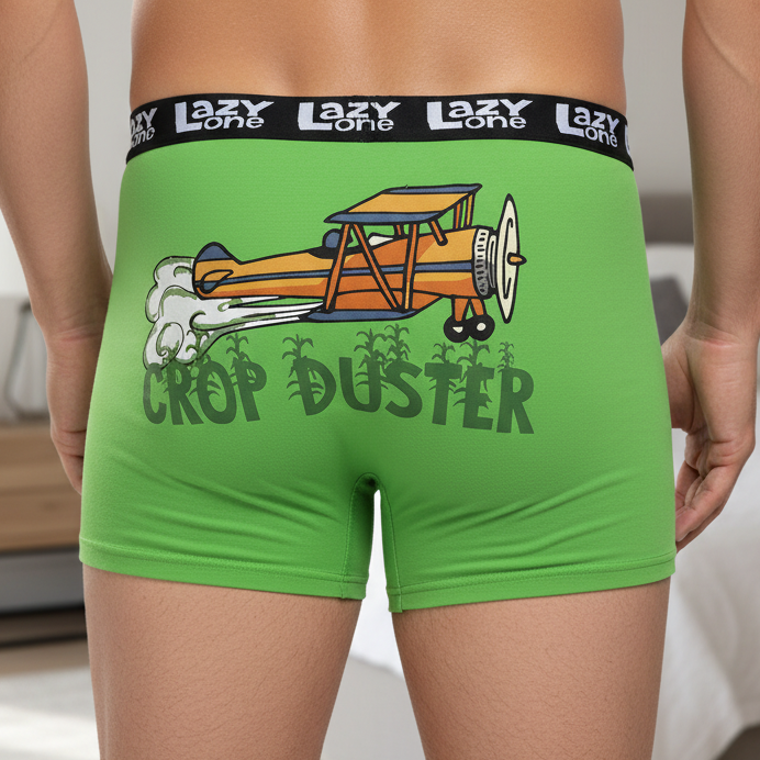 Green underwear with 'Crop Duster' graphic and 'Lazy One' waistband