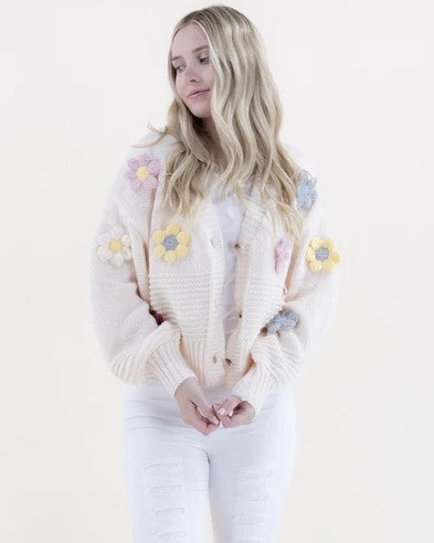 Cropped Cardigan with 3D Flowers - White