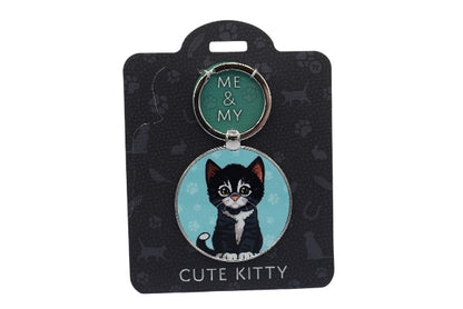 Keychain with a cat illustration on a black card with 'ME & MY' text