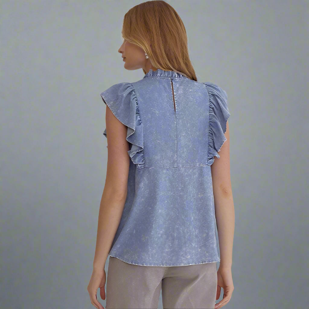 Denim Blue Acid Wash Ruffle Sleeve Top