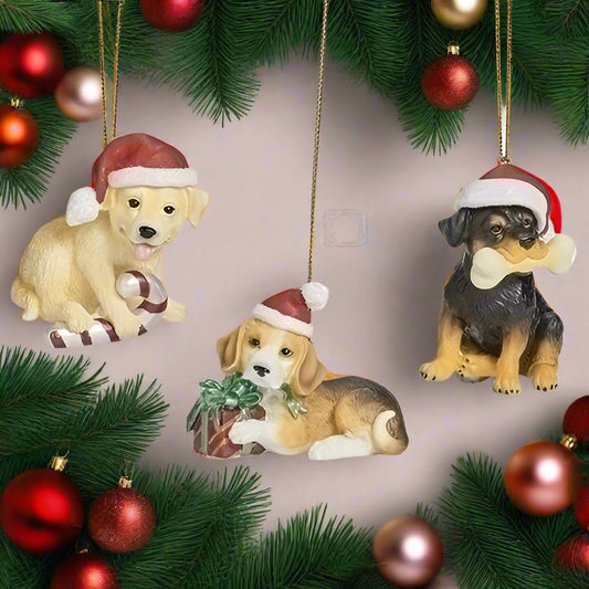 Puppy with Santa Hat Ornaments