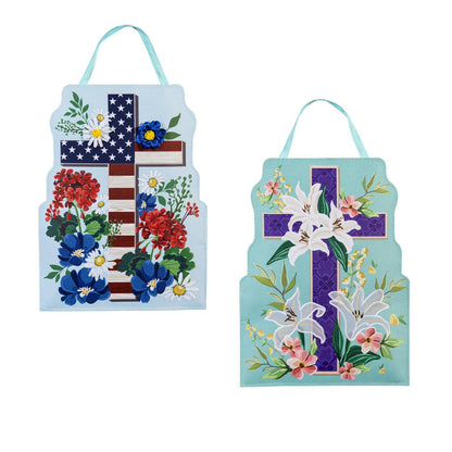 Easter Cross and Patriotic Cross Door Hanger on white background.