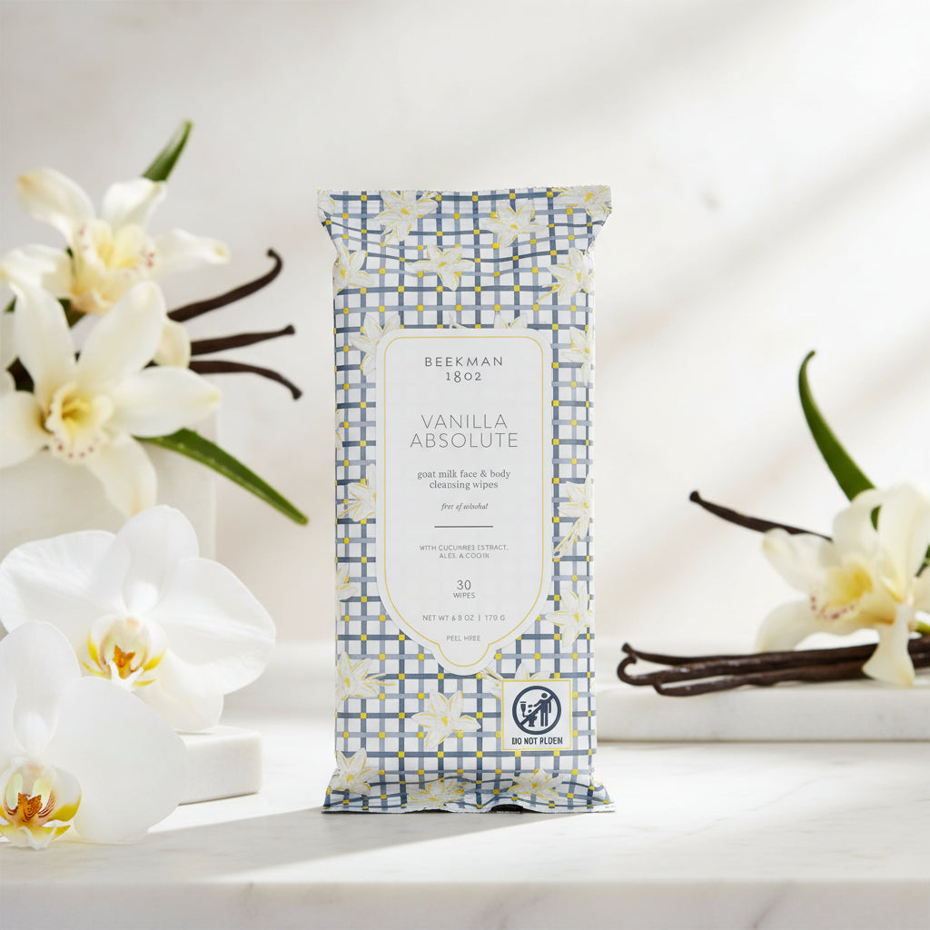 Pack of Beekman 1802 Vanilla Absolute wipes with checkered design