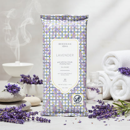 Pack of Beekman 1802 lavender wipes with a checkered design