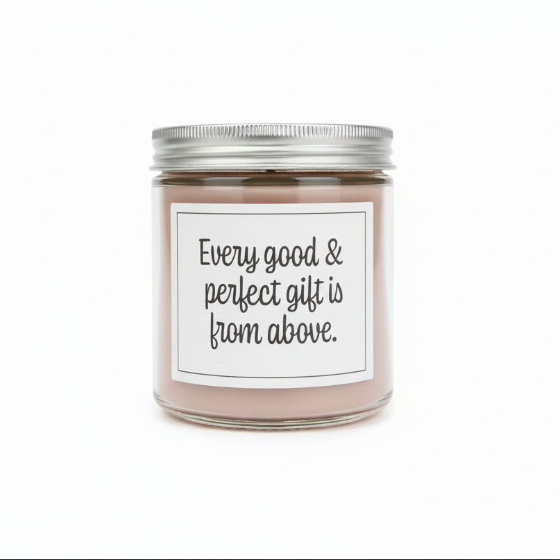 Sweet Grace jar candle with a white label and "Every good & perfect gift is from above" in black on a white background