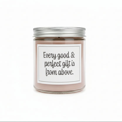 Sweet Grace jar candle with a white label and "Every good & perfect gift is from above" in black on a white background