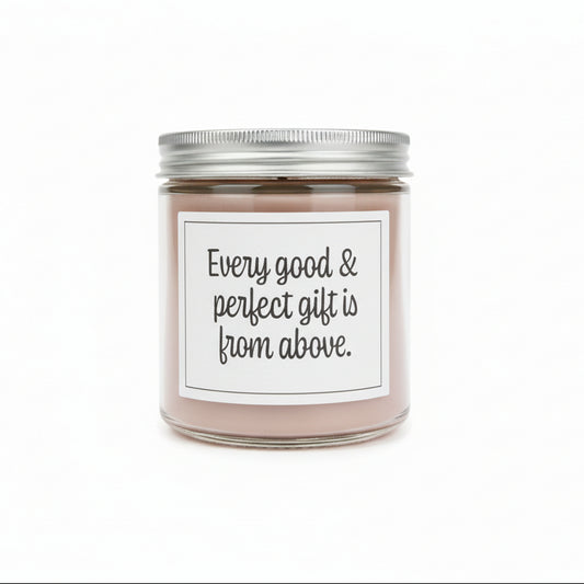 Sweet Grace jar candle with a white label and "Every good & perfect gift is from above" in black on a white background