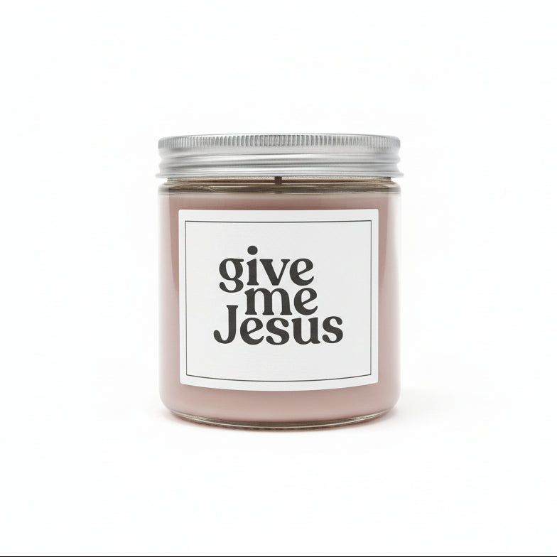 Sweet Grace jar candle with a white label and "give me Jesus" in black on a white background.