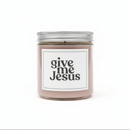 Sweet Grace jar candle with a white label and "give me Jesus" in black on a white background.