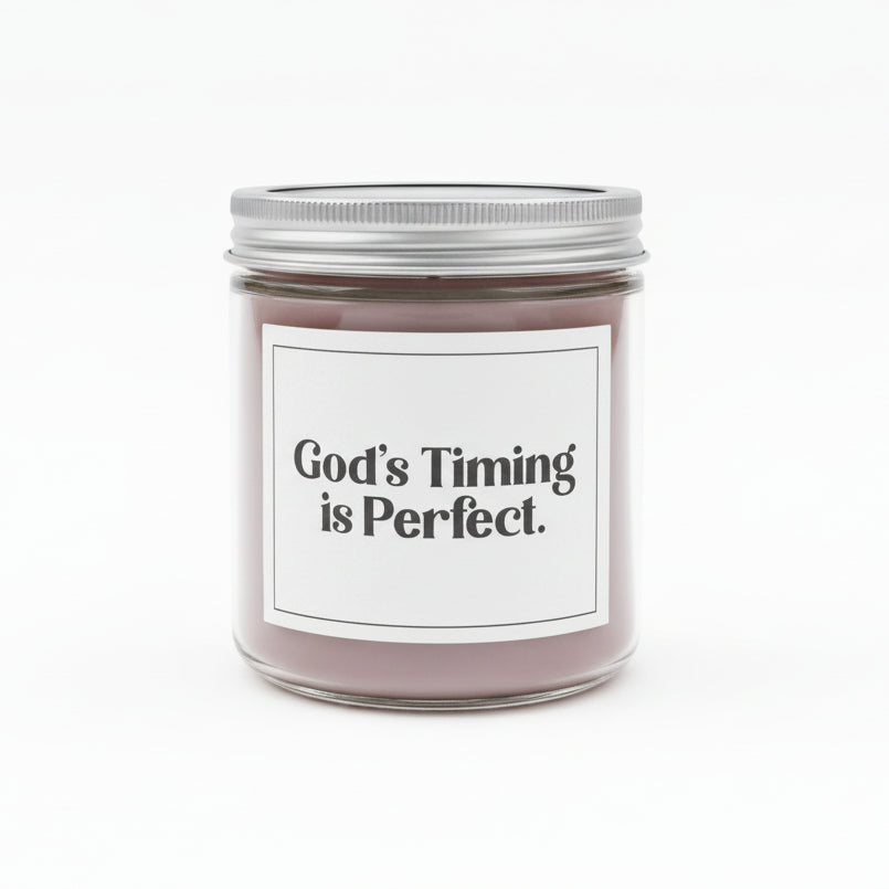 Sweet Grace jar candle with a white label and "God's Timing is Perfect" in black on a white background.