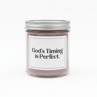 Sweet Grace jar candle with a white label and "God's Timing is Perfect" in black on a white background.