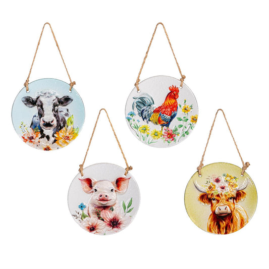 Four round suncatchers painted with farm animals on a white background.