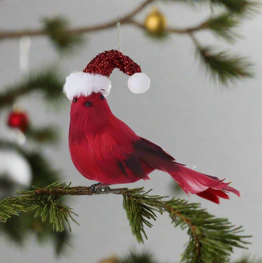 Feather Cardinal with Glitter Santa Hat