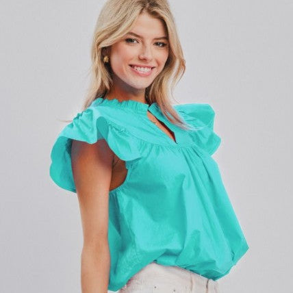 Aquamarine Flutter Sleeve Poplin Blouse